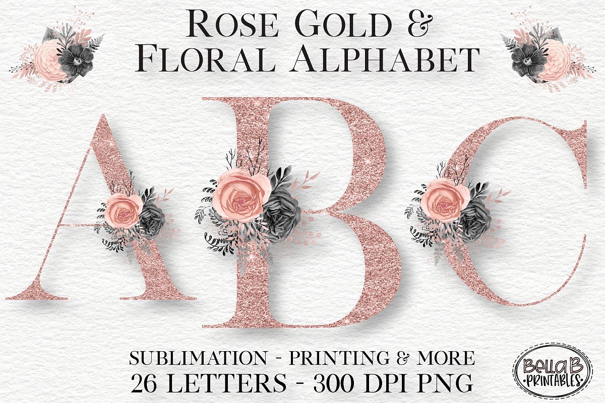 rose gold glitter floral alphabet set alphabet clipart