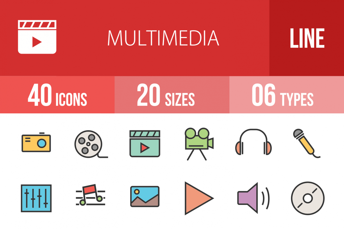40 Multimedia Linear Multicolor Icons example image 1