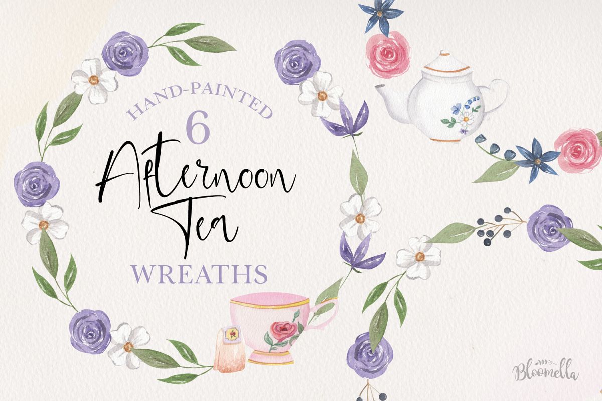 Afternoon Tea Wreaths Watercolor 6 Flowers Leaves Purple example image 1