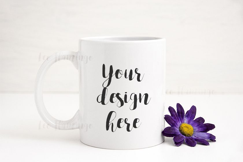 White coffee mug mock up with fabric flower example image 1