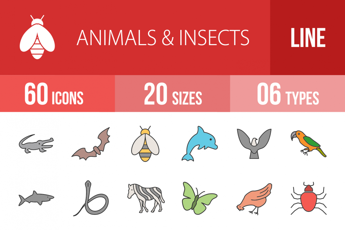 60 Animals & Insects Linear Multicolor Icons example image 1