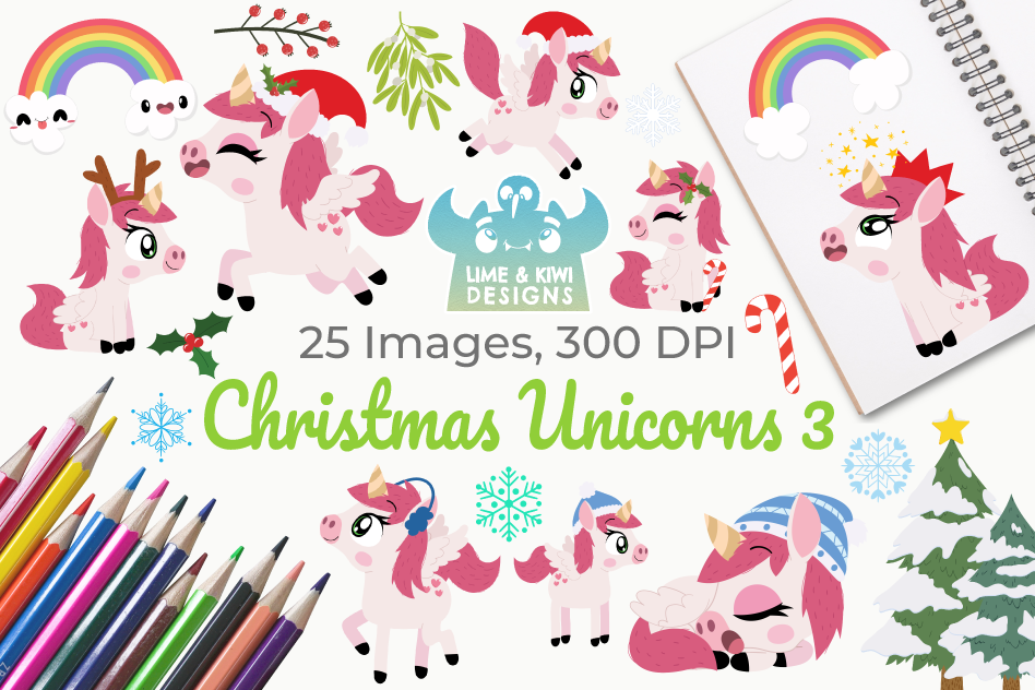 Christmas Unicorns 3 Clipart, Instant Download Vector Art example image 1