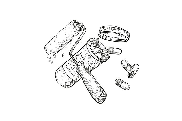 Paint Roller Medicine Pill Bottle Drawing Black and White example image 1