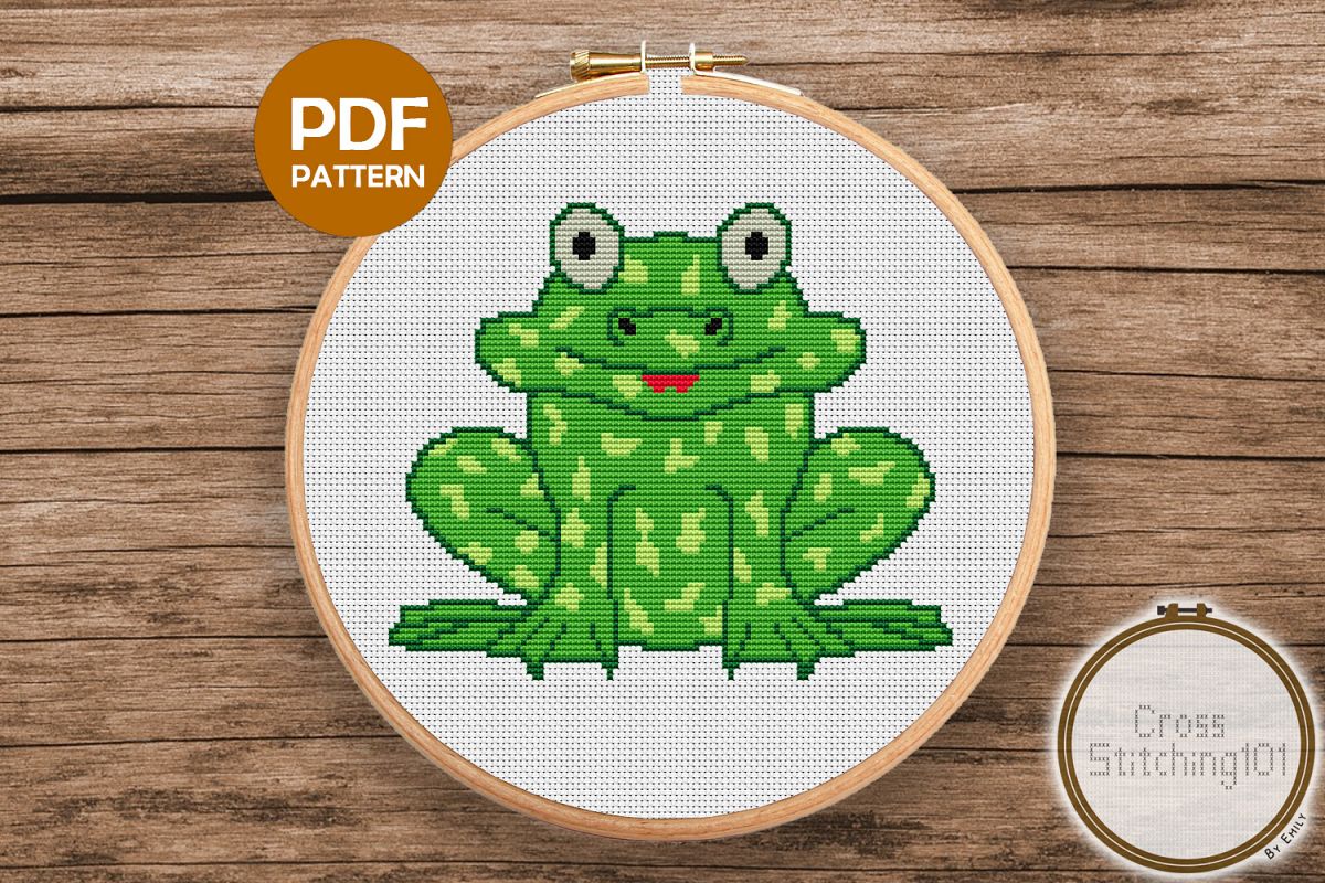 Green Frog Cross Stitch Pattern- Instant Download PDF example image 1