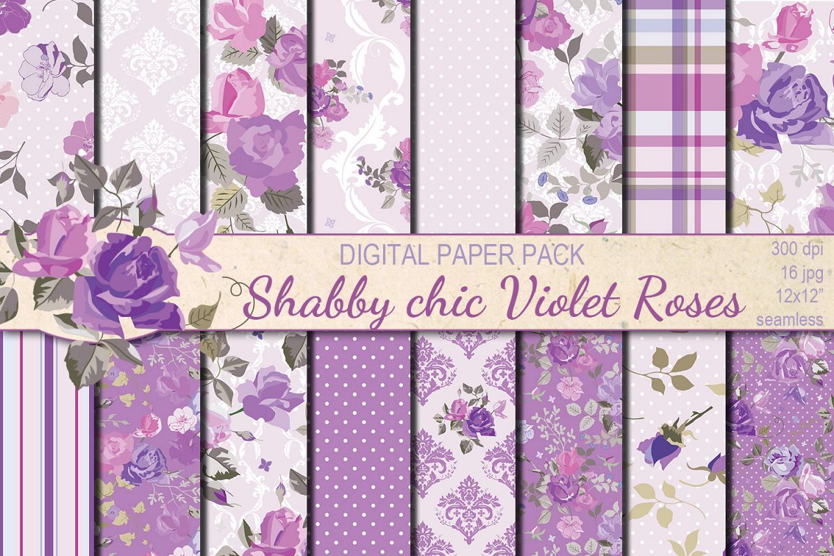 Shabby chic violet roses seamless digital paper pack example image 1