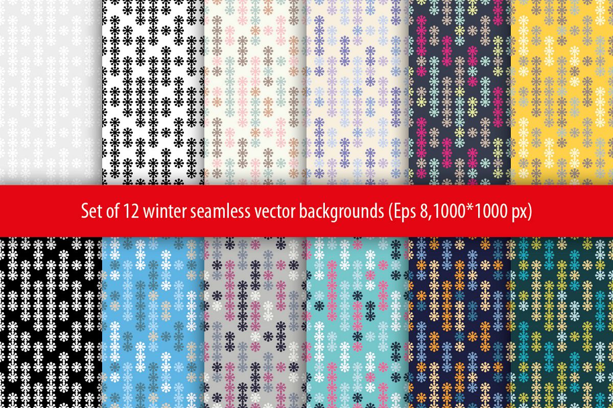 Set of 12 seamless backgrounds with decorative snowflakes. example image 1