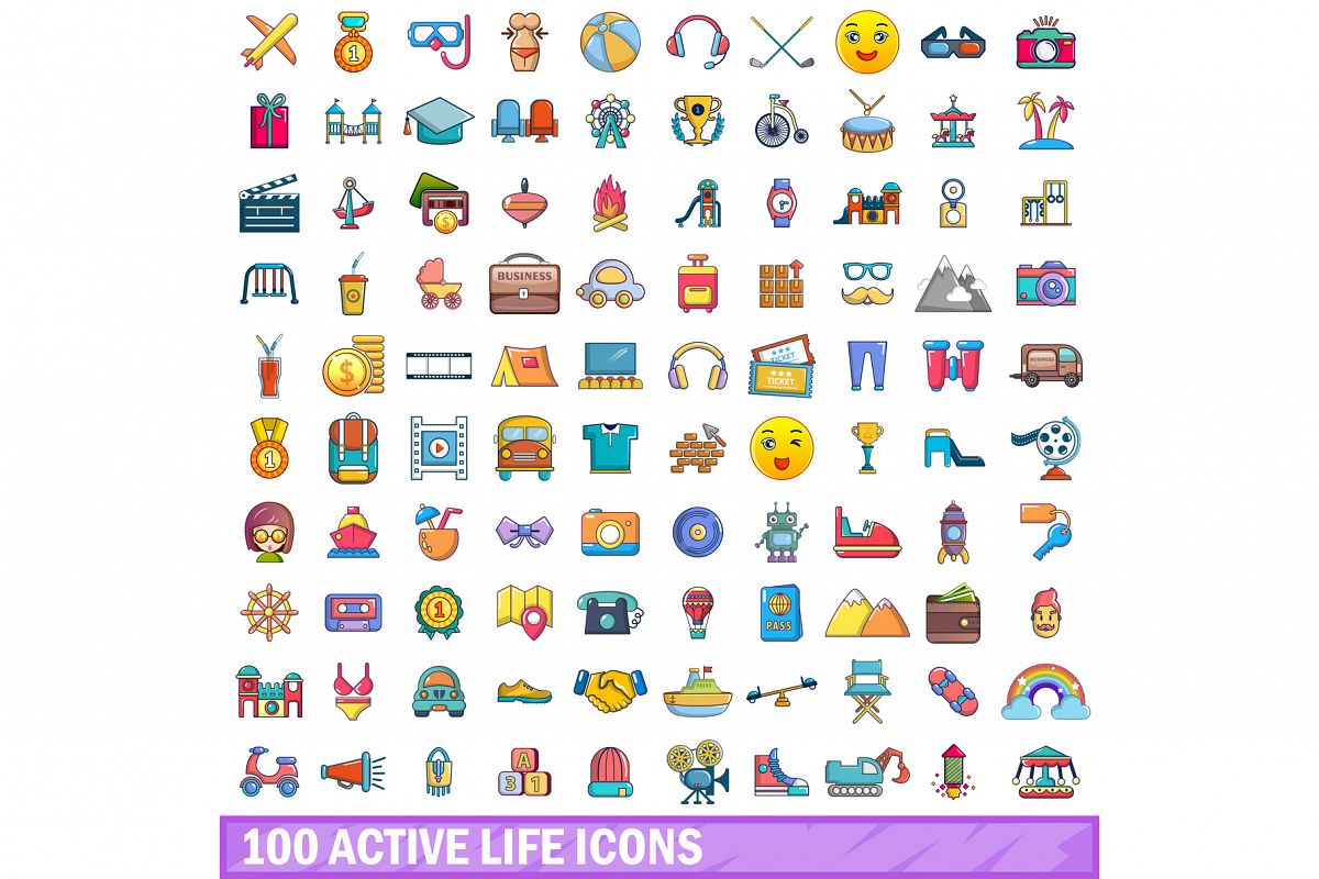 100 active life icons set, cartoon style example image 1