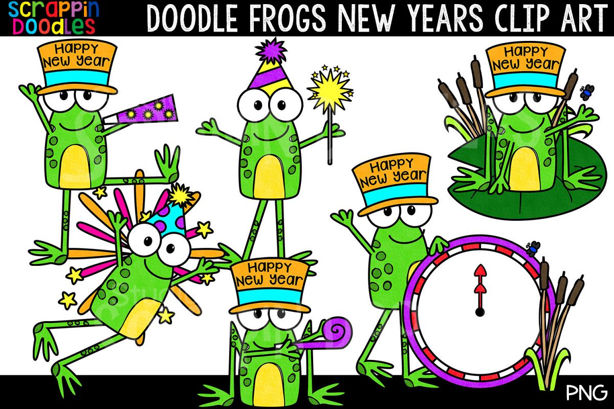 Doodle Frogs New Years Clip Art - Cute New Year Frog