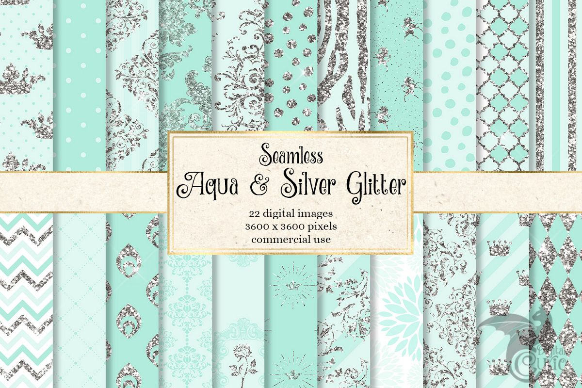 Aqua and Silver Glitter Digital Paper example image 1