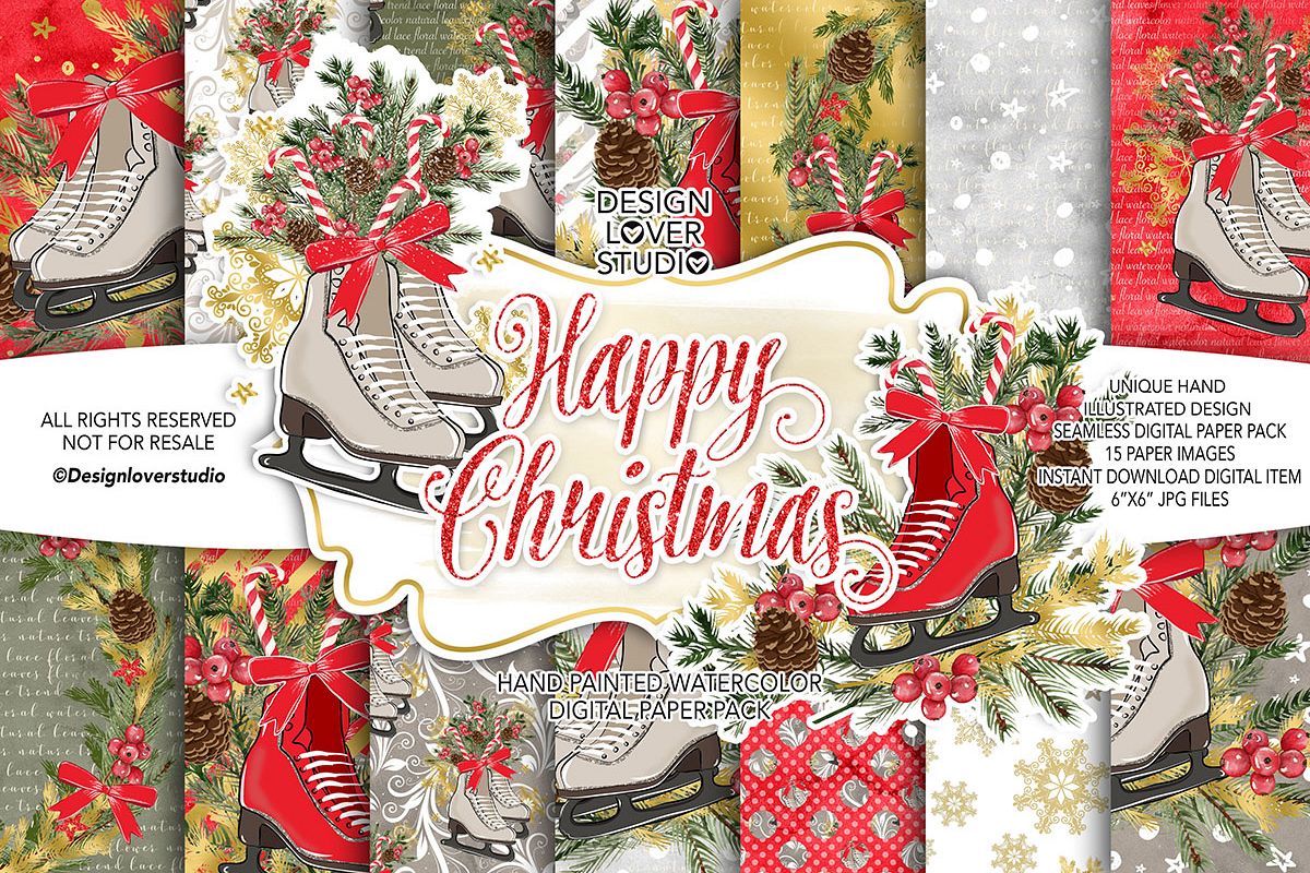 Skates Christmas digital paper pack example image 1