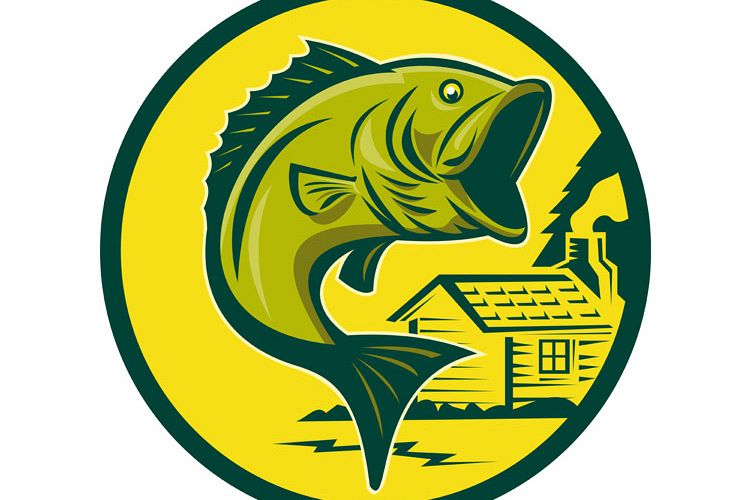 largemouth bass fish jumping log cabin dark green example image 1