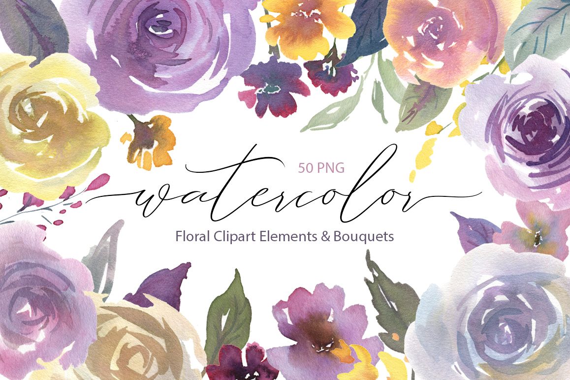 Watercolor Light Violet Flowers and Bouquets PNG example image 1