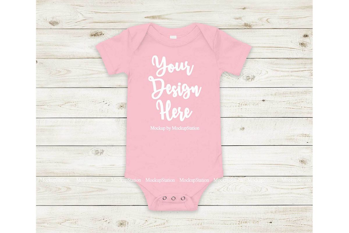 Baby Pink Bodysuit Mockup, Blank Newborn Infant Toddler Tee example image 1