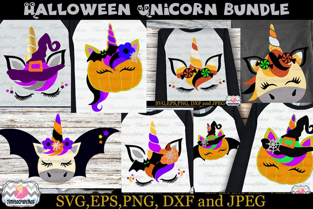 SVG, Eps, Dxf & Png Files For Halloween Unicorn Bundle example image 1