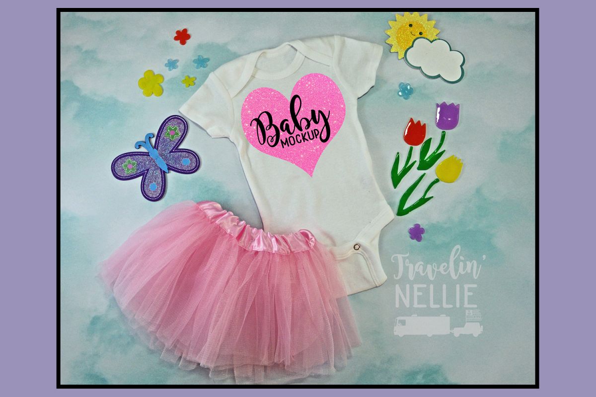 Baby Girl Spring Tutu White Blank Bodysuit Mockup Flat Lay example image 1