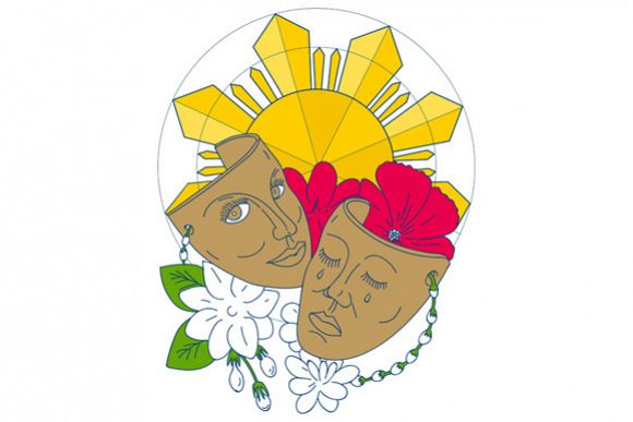 Drama Mask Philippine Sun Hibiscus Sampaguita Flower Mono Line example image 1