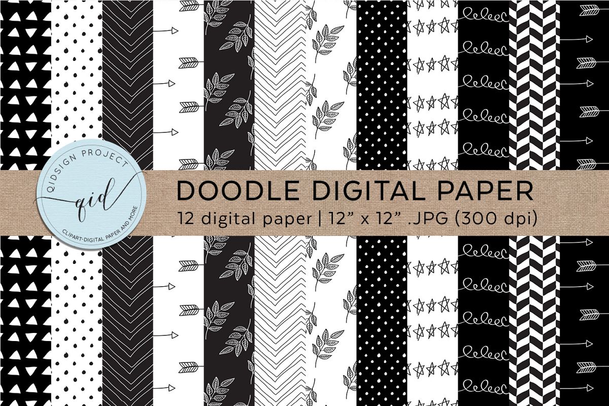 Doodle Digital Paper Black And White example image 1