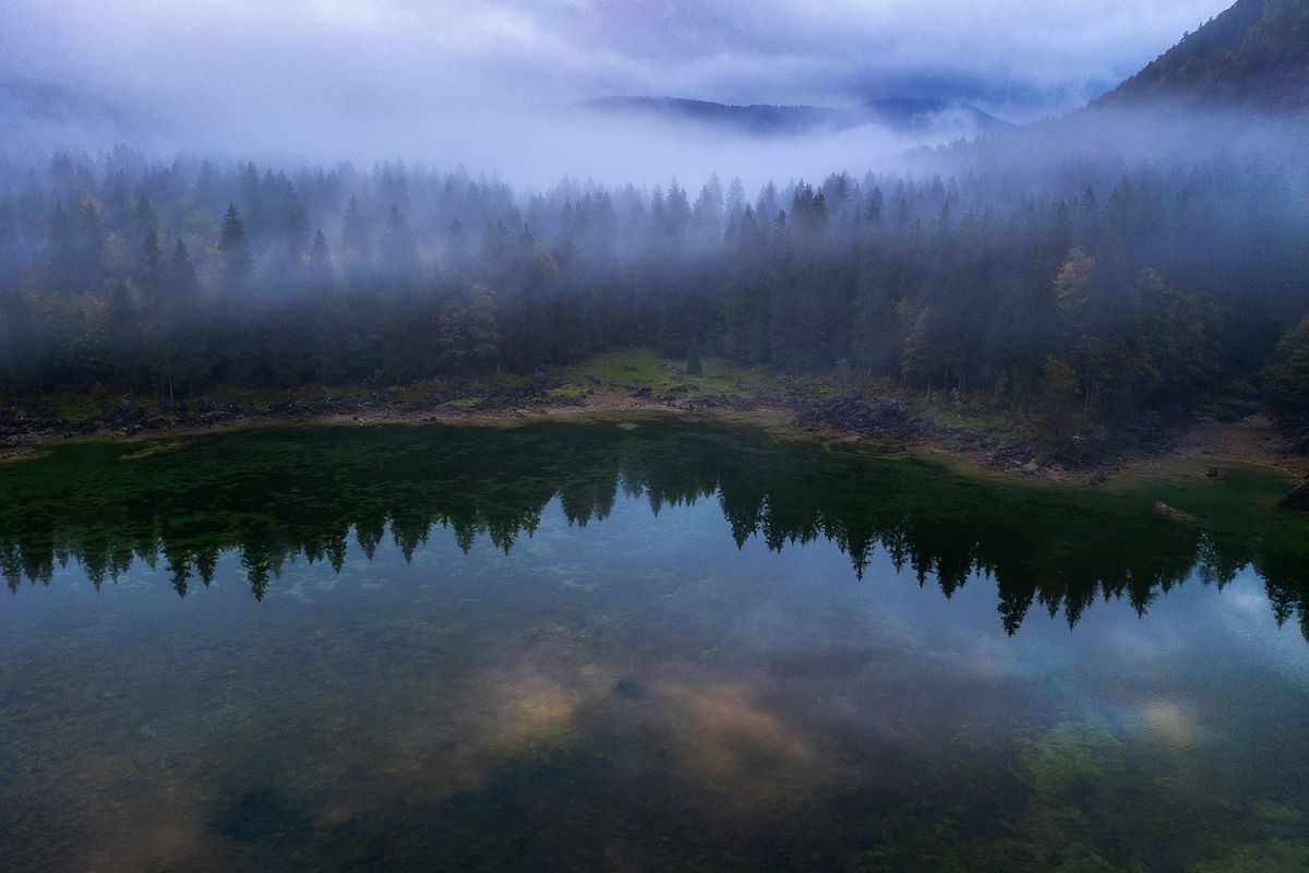 Misty and foggy forest at Fusine Lake example image 1