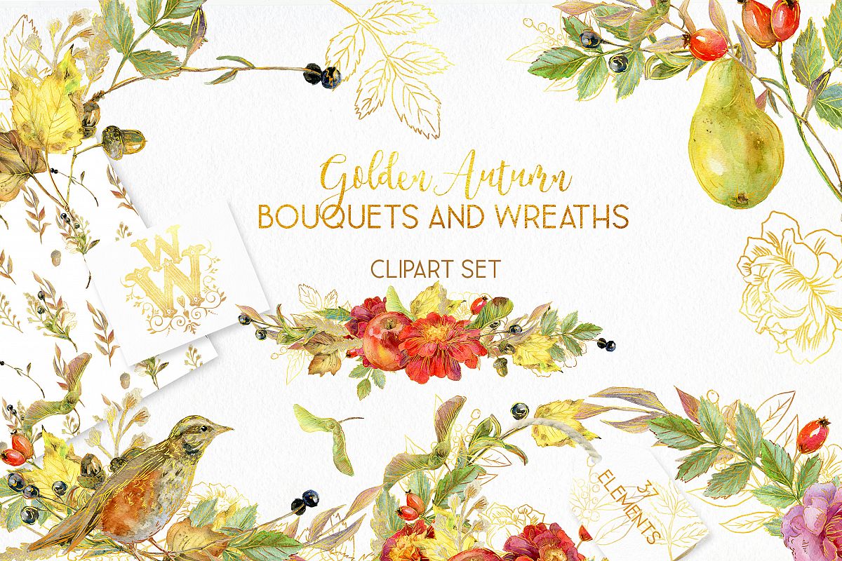Watercolor autumn bouquets and wreaths example image 1