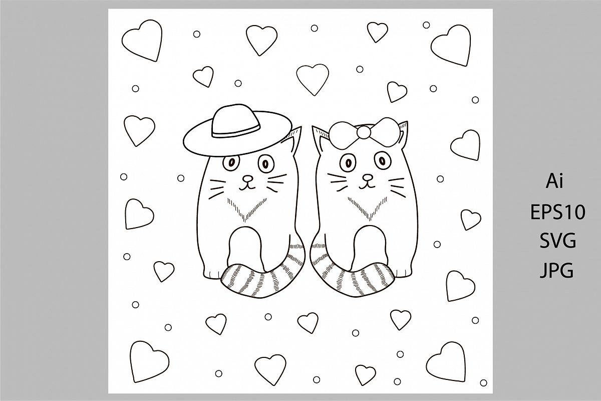 Digital coloring page. Card with cats and hearts example image 1