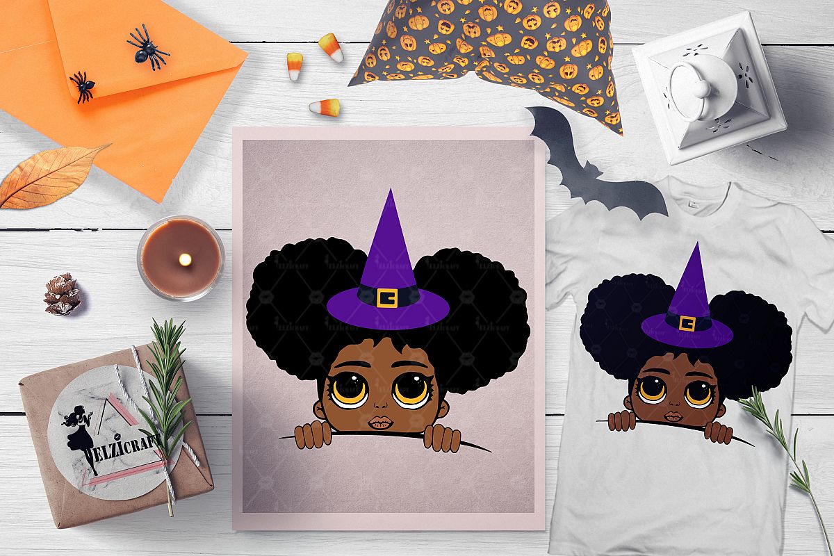 Halloween Peeking Witch Afro Girl SVG Cut File example image 1