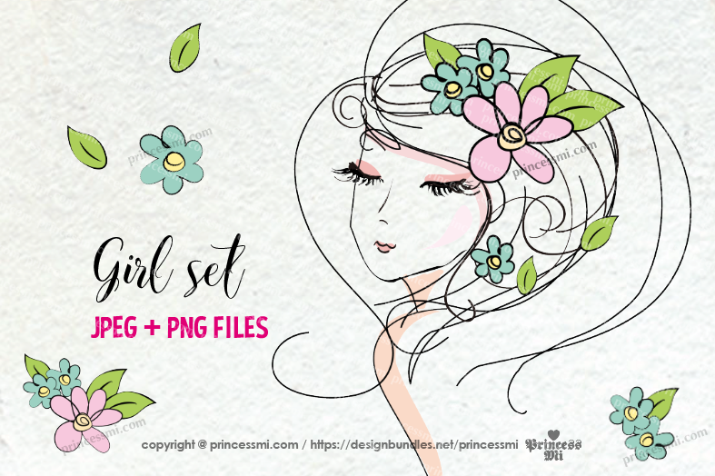 hand drawn pretty girl art set 2, girl face with flowers example image 1