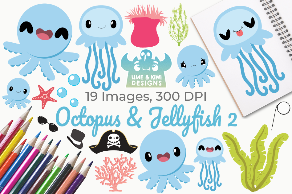 Octopus & Jellyfish 2 Clipart, Instant Download Vector Art example image 1