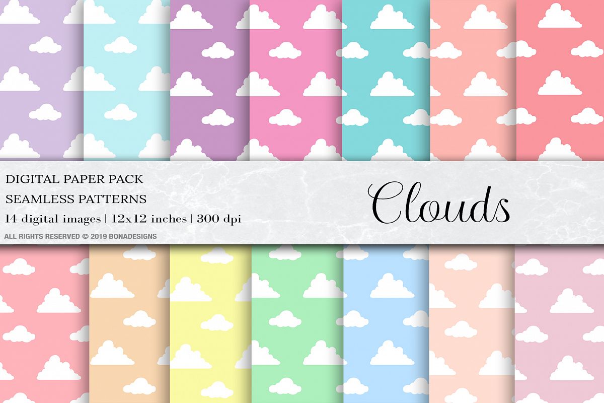 Pastel Clouds Seamless Patterns, Clouds Patterns example image 1