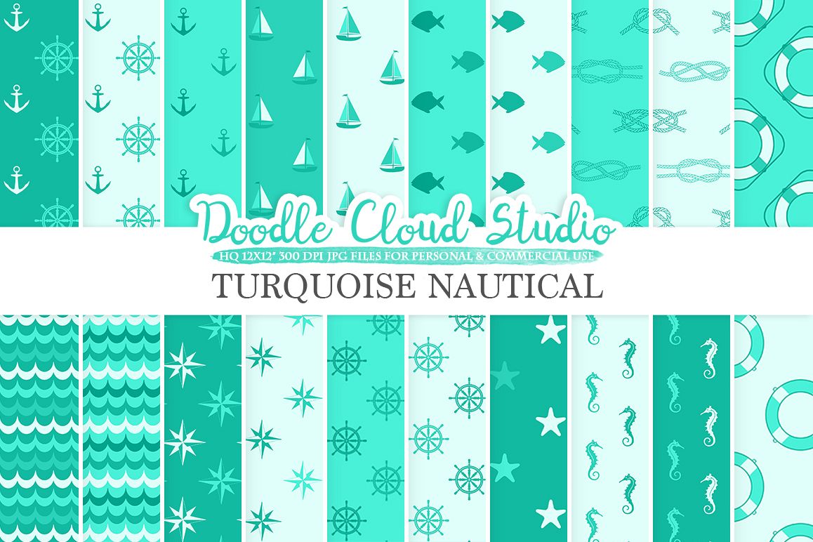 Aqua Nautical digital paper, Seal Turquoise patterns Ocean Lifebelt Sea waves Anchors backgrounds Instant Download Personal & Commercial Use example image 1