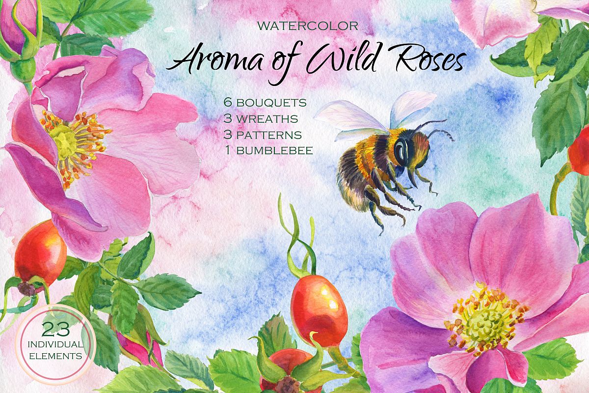 Aroma of Wild Roses. Watercolor set. example image 1