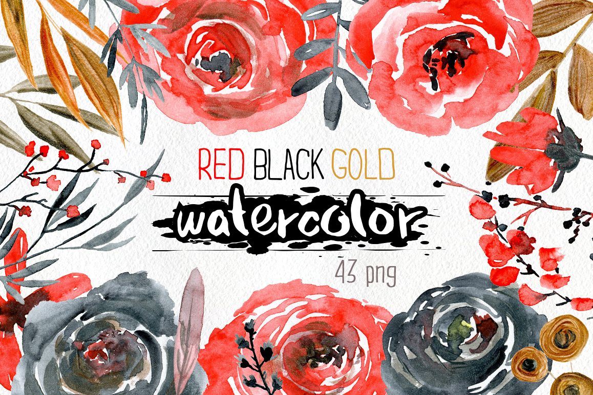 Watercolor red black gold roses flowers example image 1