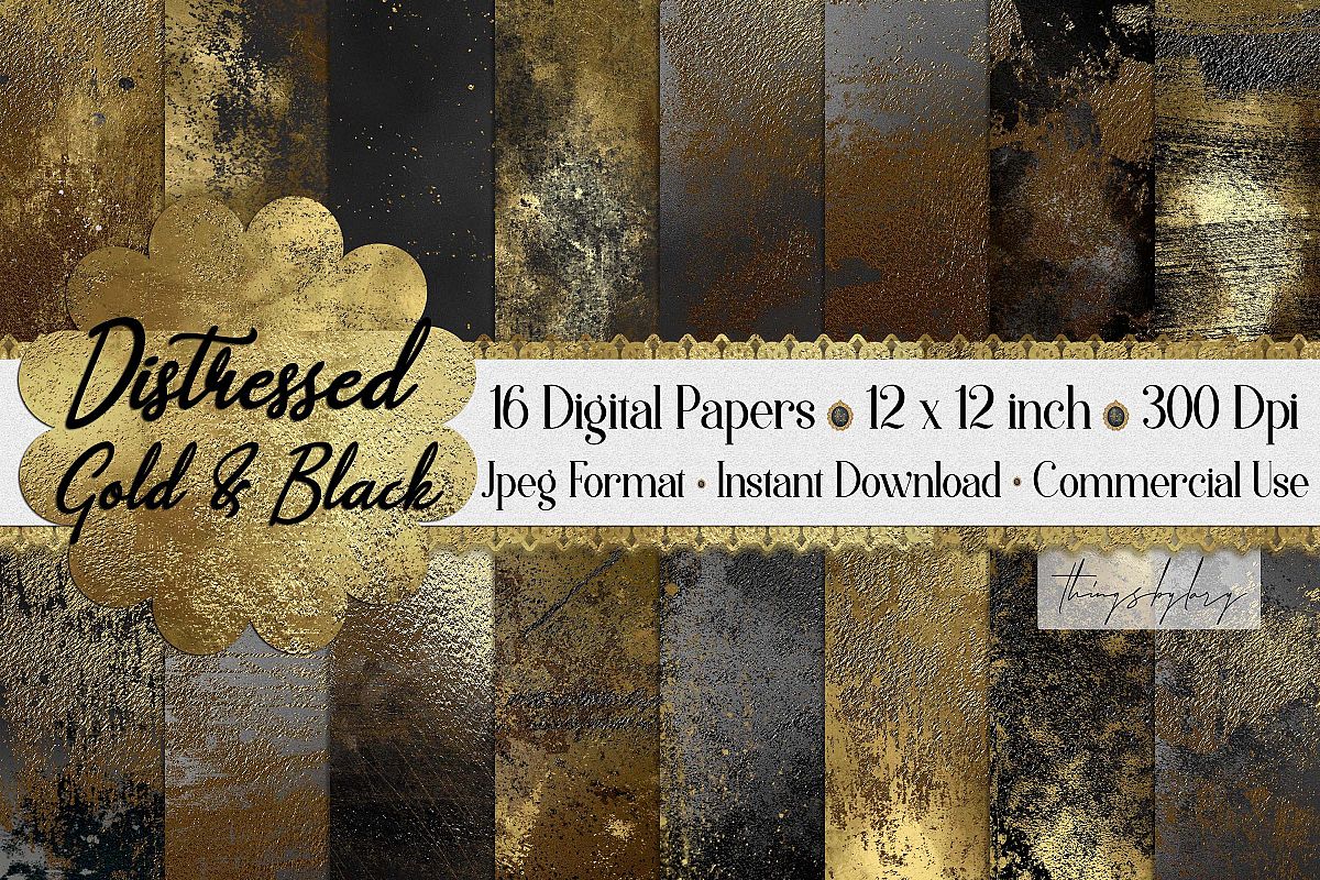 16 Distressed Metallic Gold Foil and Black Digital Papers example image 1