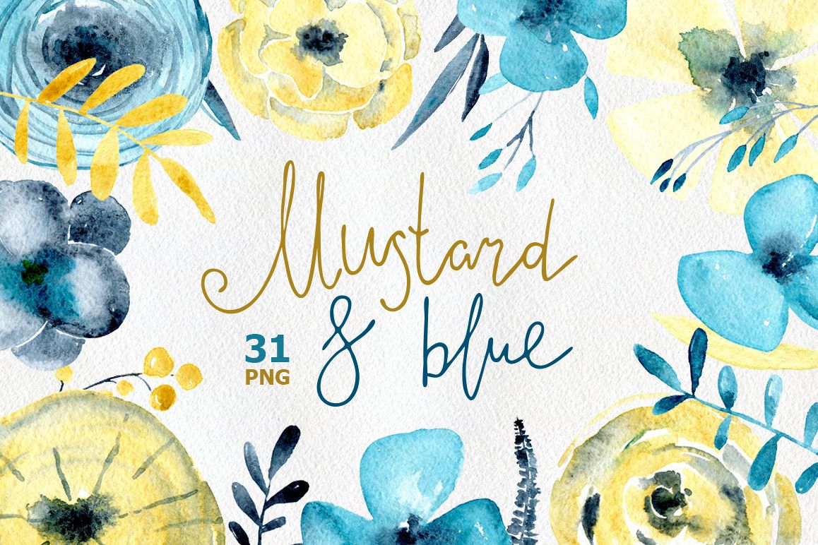 Yellow & blue watercor flowers png example image 1