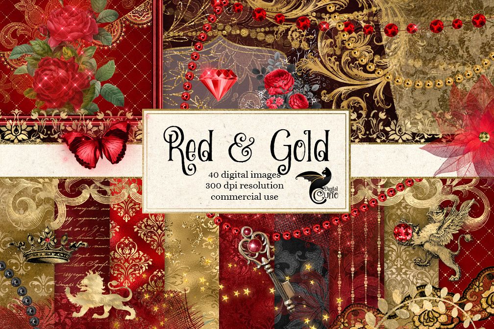 Red and Gold Digital Scrapbooking Kit example image 1