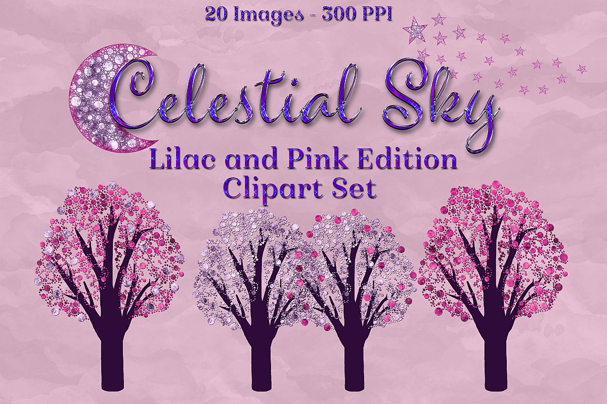 Celestial Sky Lilac and Pink Edition Clipart Set Moon Star example image 1