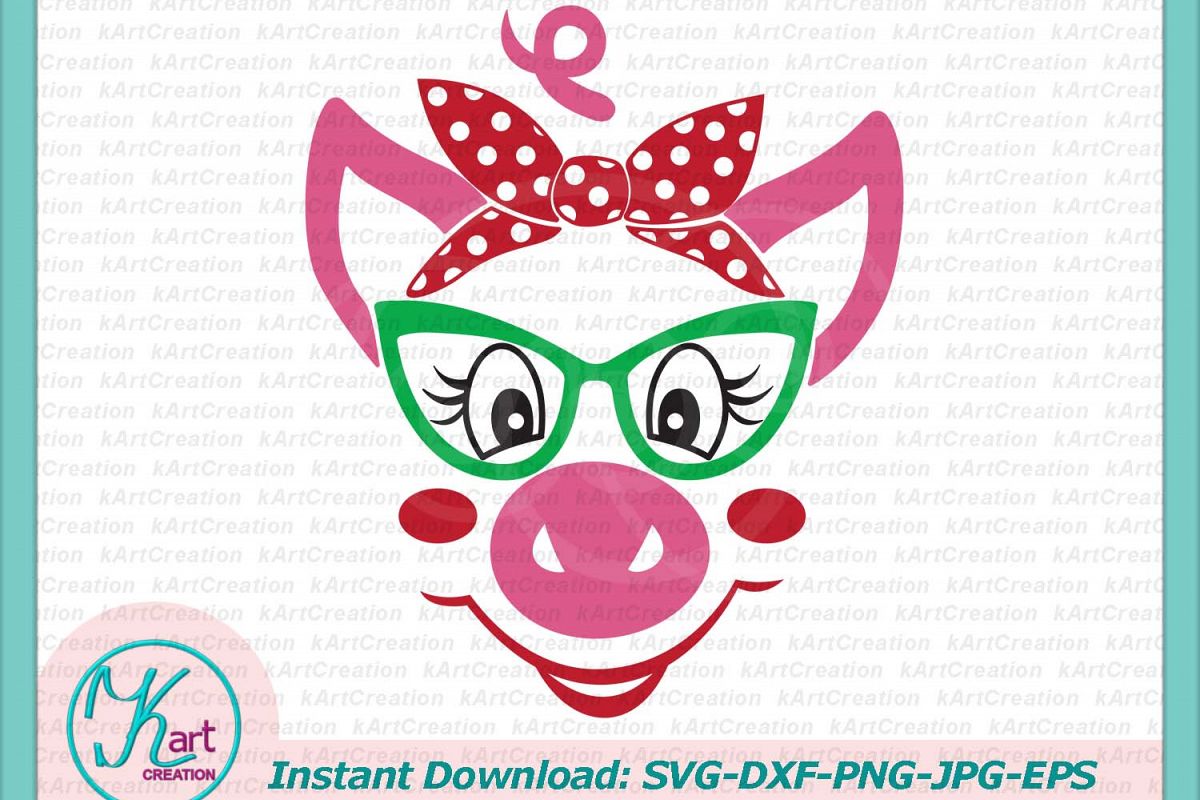 pig face with glasses, pig with bandana svg dxf file png example image 1