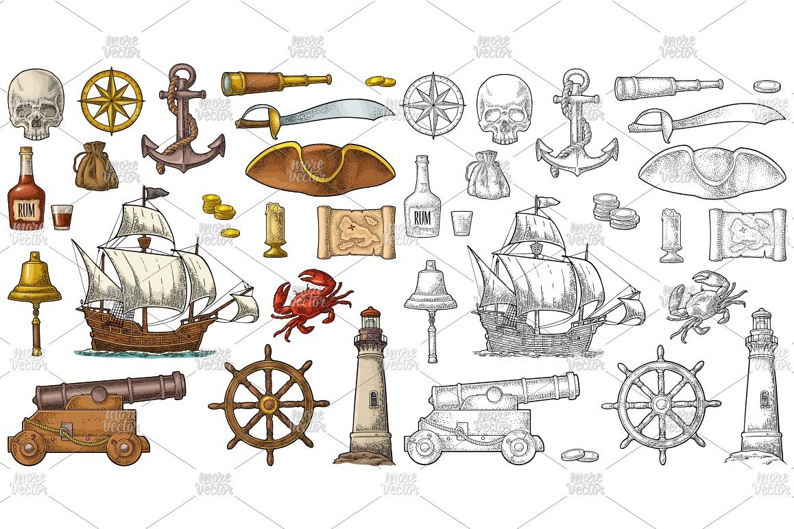 Set pirate adventure. Vector color vintage engraving example image 1