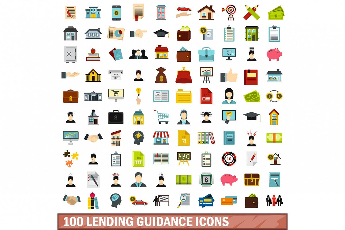 100 lending guidance icons set, flat style example image 1