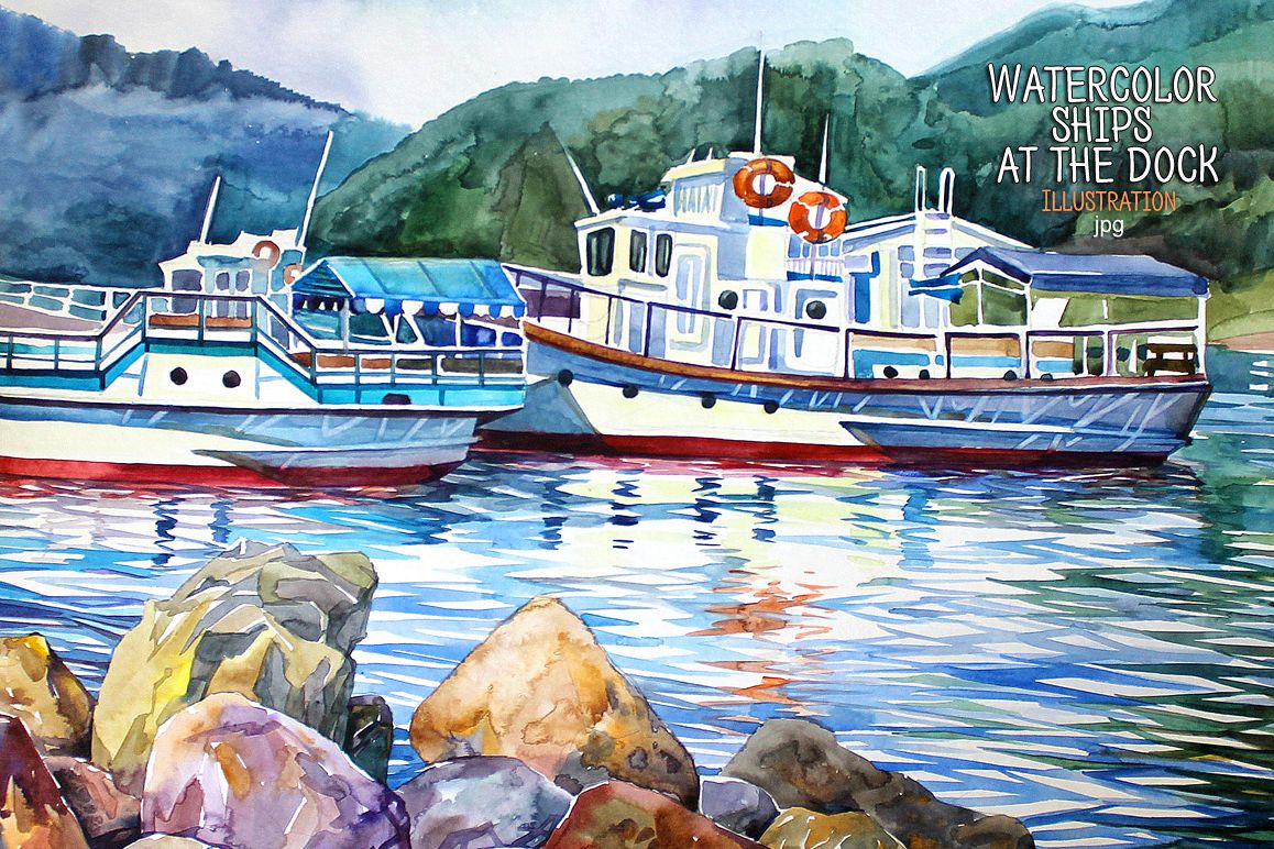 Watercolor ships at the dock example image 1