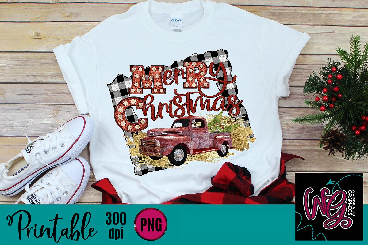 Merry Christmas Truck Plaid Sublimation Printable example image 1