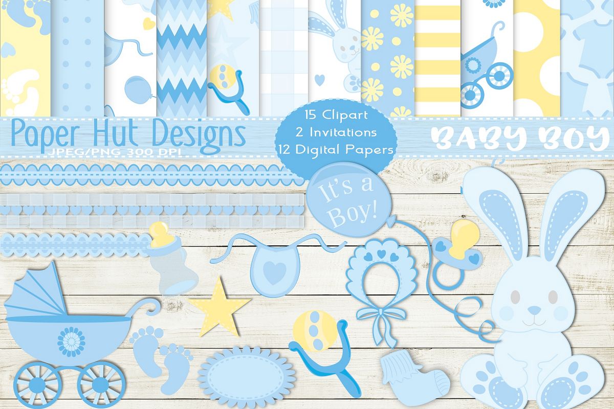 Baby Boy Clipart and Digital Papers Set example image 1