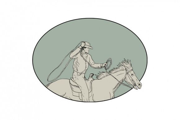 Cowboy Riding Horse Lasso Oval Drawing example image 1