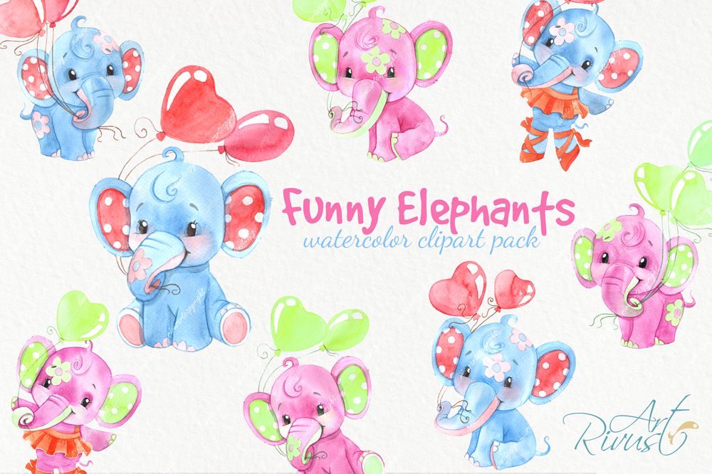Funny watercolor elephants clipart for baby boys and girls example image 1