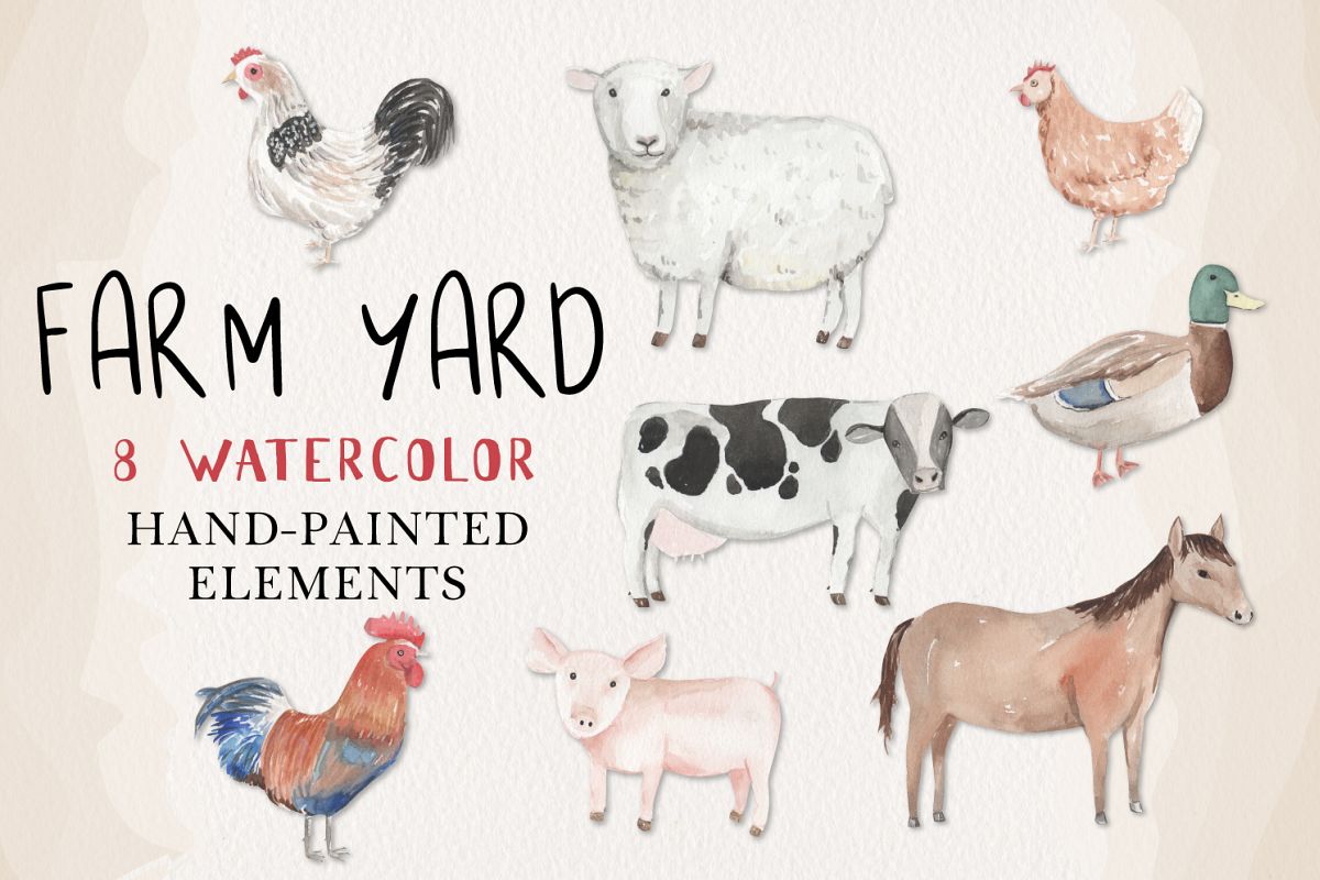 Farm Yard Animals Set 8 Hand Painted Watercolor Cow Pig Hen example image 1