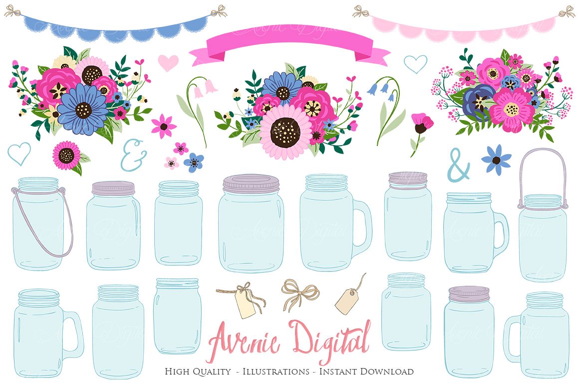 Pink and Navy Mason Jar Wedding Clipart example image 1