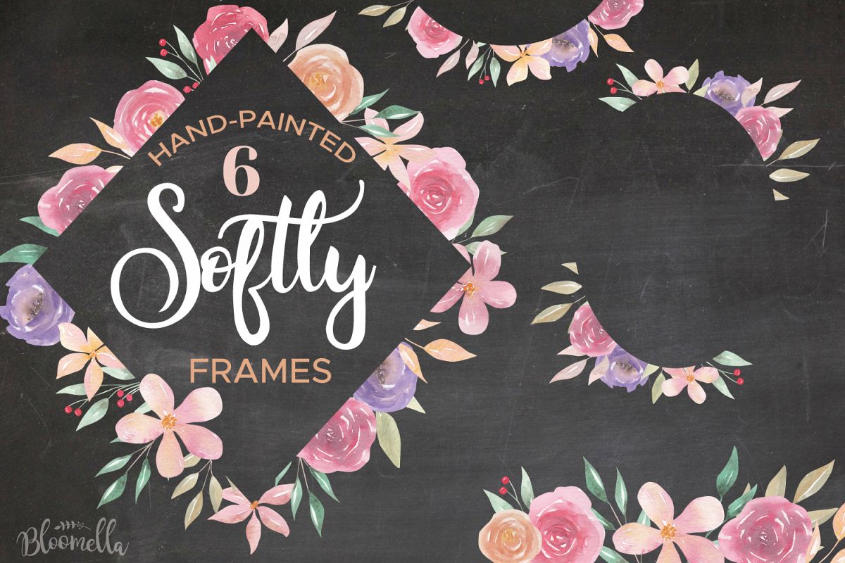 Softly Pink Watercolor Frames Borders Flowers Purple Set example image 1