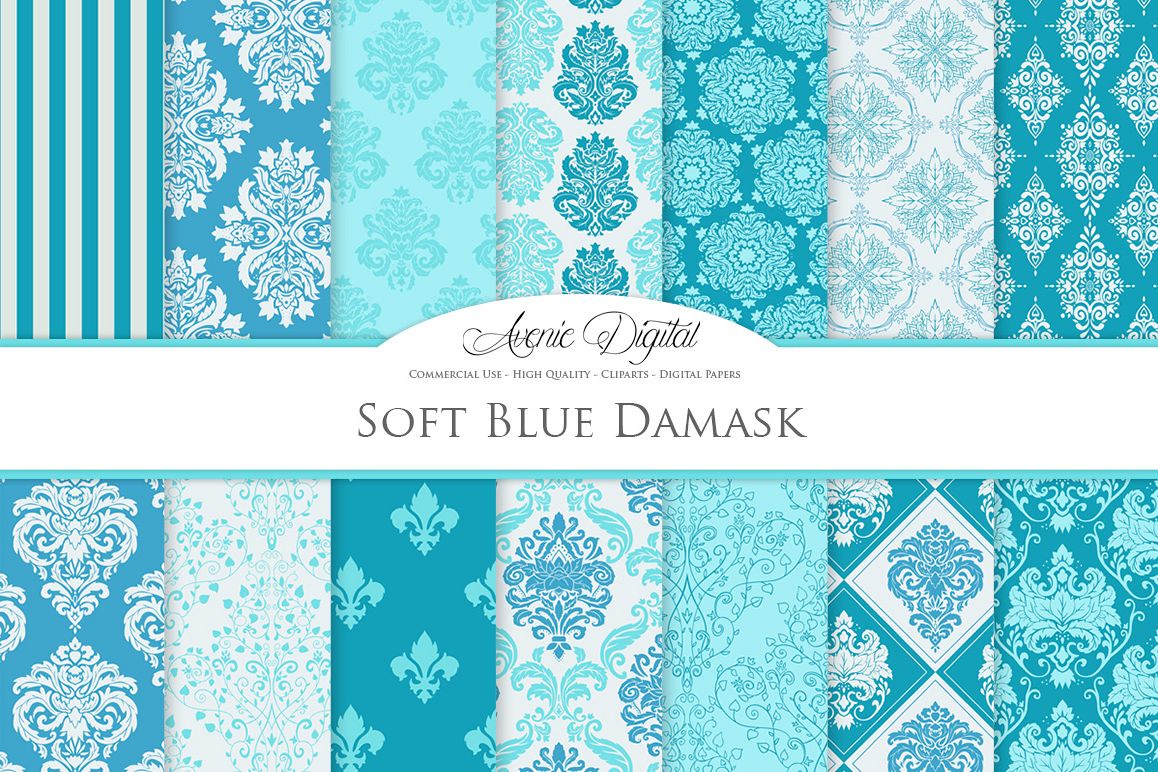 28 Soft Blue Damask Patterns - Seamless Digital Papers Bundle example image 1