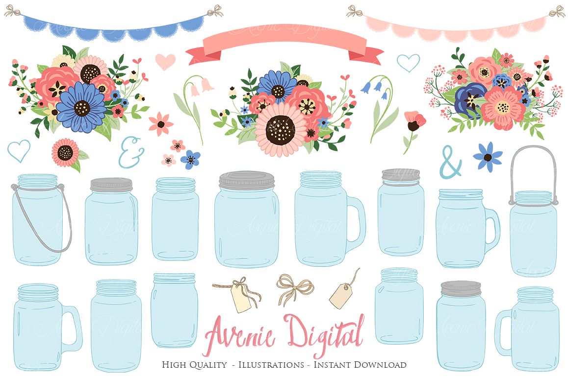 Coral and Navy Mason Jar Wedding Clipart example image 1