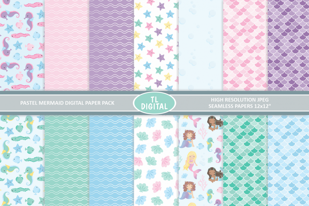 Pastel Mermaid Paper Pack - 14 Seamless Patterns example image 1