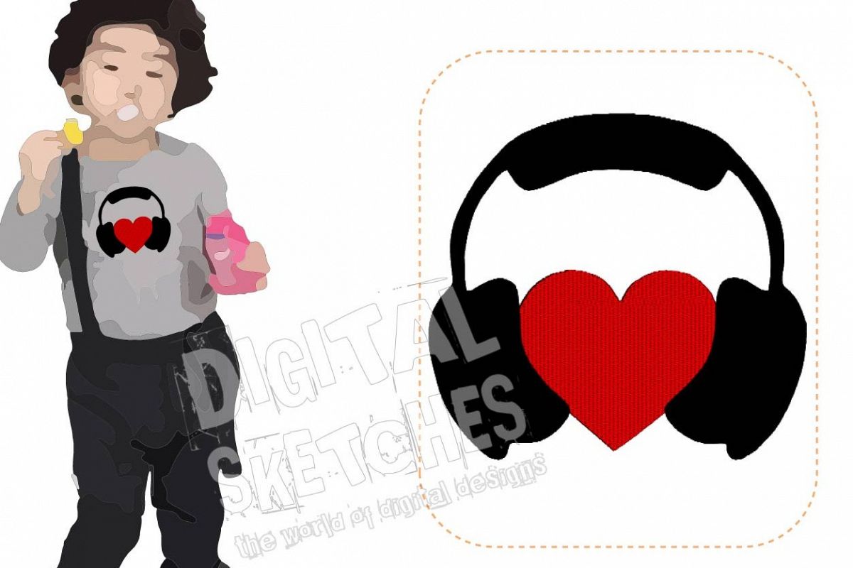 Headphones Love Music Machine Embroidery Design 3 Sizes example image 1